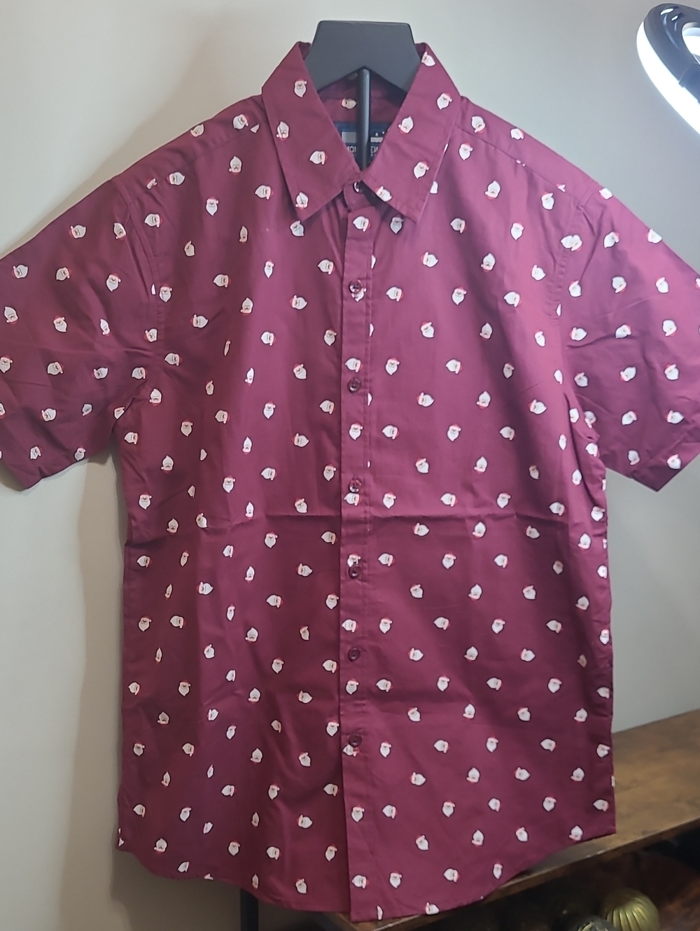 NWOT Monument Burgundy Button-Up Shirt with Santa Design size Small